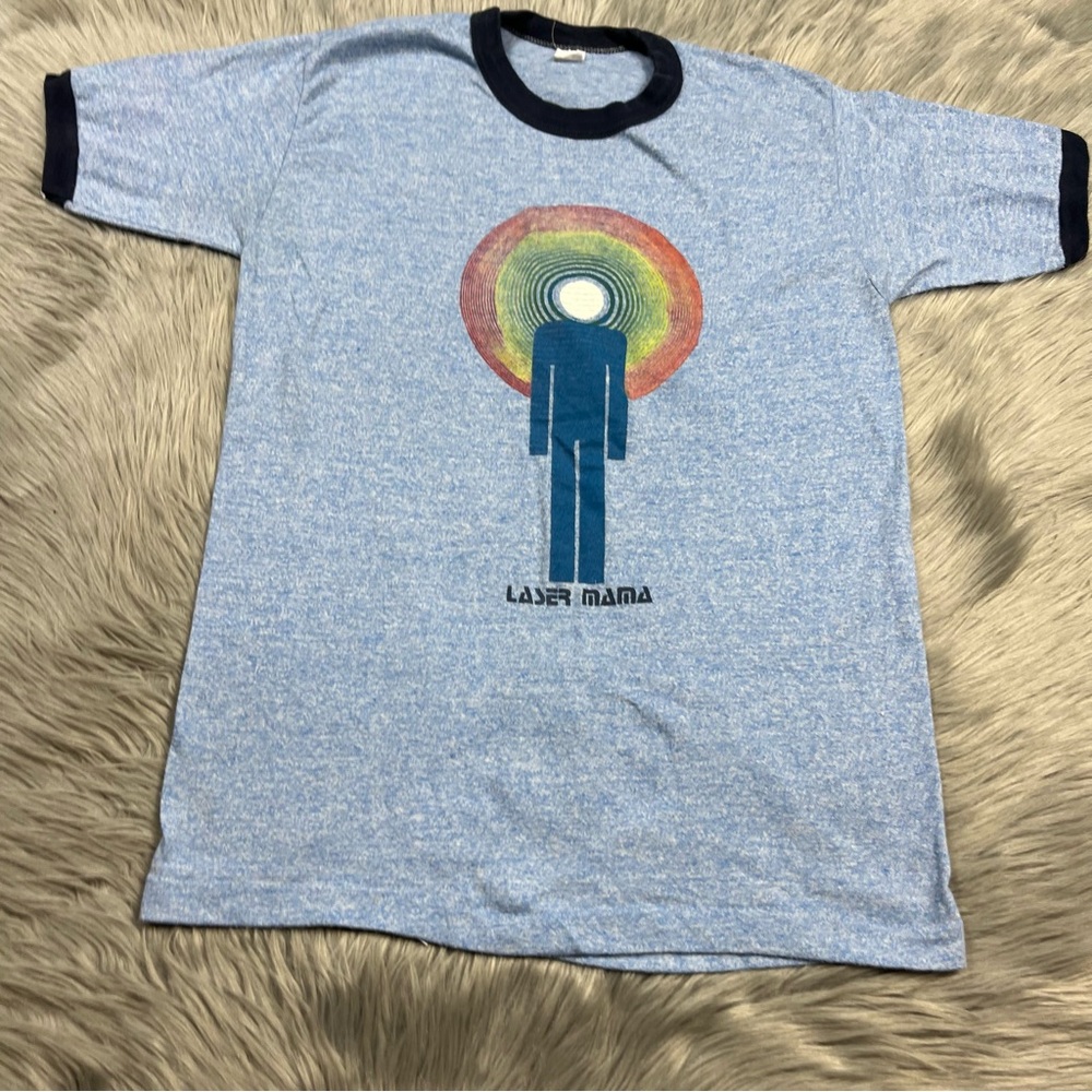 Vintage 80s blue ringer t shirt laser mama